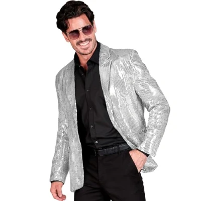 Afbeelding van Widmann Glitter &amp; Glamour Kostuum Pailletten Colbert Showmaster Silver Shine Man Zilver XL Carnavalskleding Verkleedkleding