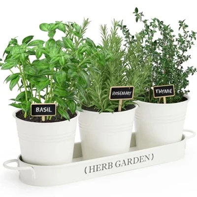 Afbeelding van PERFNIQUE Kruidentuin voor binnen, kruidentuinplanter binnen/buiten, boerderijplantenpotten, vensterbank, kruidentuinset met lade, raampotten kamerplanten (gebroken wit)
