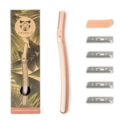 Afbeelding van ANYMALE® Wenkbrauwscheermes met 5 verwisselbare messen en mesbescherming, gezichtsscheerapparaat, damesscheerapparaat voor donshaar, gezichtshaarverwijderaar vrouwen, roségoud