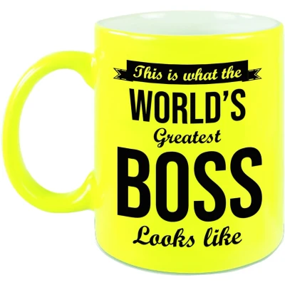 Afbeelding van Worlds Greatest Boss cadeau mok / beker neon geel 330 ml feest mokken