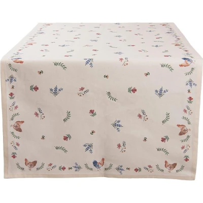 Afbeelding van Clayre &amp; Eef Tafelloper 50x140 cm Beige Blauw Katoen Rechthoek Kip en Haan Tafelkleed