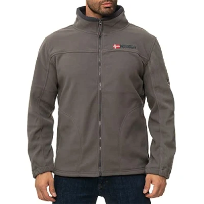 Afbeelding van Geographical Norway Heren fleecejack met verborgen capuchon functionele fleece overgangsjas volledige rits sweatshirt opstaande kraag outdoor wandelen trekking bans productie, donkergrijs navy, M