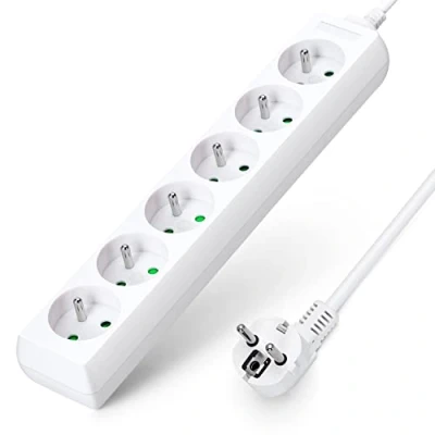 Afbeelding van Aigostar Stekkerdoos met 6 stopcontacten, 16 A, 2P + E, stroomverlenging van 5 m, kabel en kinderbeveiliging, wit