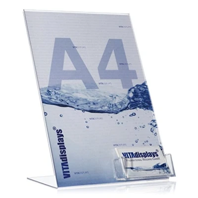 Afbeelding van DIN A4 reclamedisplay/L standaard/L staander met extra visitekaarthouder als tafelstandaard van origineel plexiglas