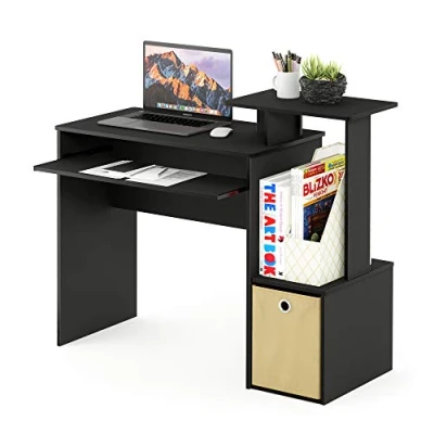 Afbeelding van Furinno Econ Multifunctioneel thuiskantoor computer schrijfbureau, bureau, studiebureau, w/bak, zwart/bruin, 100,1 (B) x 86,6 (H) 39,9 (D) cm
