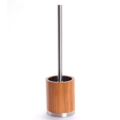 Afbeelding van MSV toiletborstel van bamboe h x b d 37 8 cm met roestvrijstalen look handvat en verwisselbare borstelkop, set plus hygiënische kunststof houder