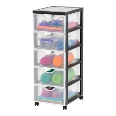 Afbeelding van Iris Ohyama, Toren, Ladekast, Kunststof opbergorganizer met ergonomisch handvat, 15L, 5 laden, wielen, BPA vrij, Kantoor, Slaapkamer, Woonkamer, DDDC 305, zwart