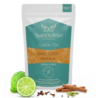 Afbeelding van TeaNOURISH Earl Grey Masala Green Tea Spiced Citrus Darjeeling Loose Blended with Indian Aromatic Spices enriched Bergamot extract 50 Cups Hot or Iced 100g