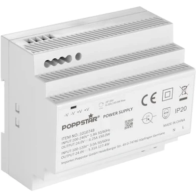 Afbeelding van Poppstar 24V Transformator DIN Rail output 24 V DC 6,25 A max. 150 W (input 100 240 AC 50/60 Hz) Adapter