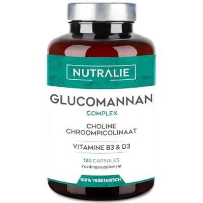 Afbeelding van Glucomannan Konjac voor Afvallen en als Eetlustremmer 100% Natuurlijk met Choline Bitartraat, Chroompicolinaat Vitamines B3 D3 120 Vegan capsules Nutralie