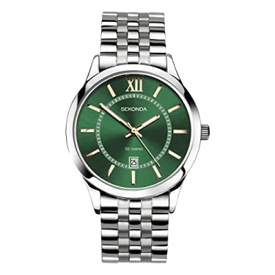 Afbeelding van Sekonda Klassiek Heren 40mm Quartz Horloge in Groen met Analoge Datumweergave en Zilveren Roestvrij Stalen Band 30140,