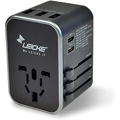 Afbeelding van LEICKE Universele reisadapter internationale reisstekker AC stekkeradapter, 6,5 A voor 3 USB aansluitingen en 2 type C meer dan 224 landen met US/EU/UK/UIT stekkers