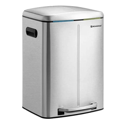 Afbeelding van SONGMICS Dubbele Vuilnisbak, 2 x 20L Metalen Stapbak, met Dual Compartments, Plastic Binnenemmers en Scharnierend Deksel, Handgrepen, Soft Closure, Luchtdicht, zilver LTB40NL