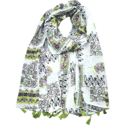 Afbeelding van Lange dames sjaal Diny gebloemd motief lime groen wit zwart paars sparren blauw olijf