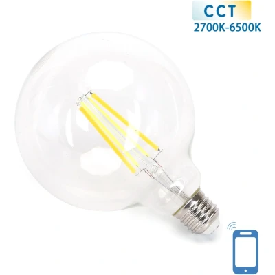 Afbeelding van Globe E27 gloeilamp WiFi CCT 2700K 6500K G125 warmwit daglichtwit LED 6W 850 Lumen helder glas 230 Volt