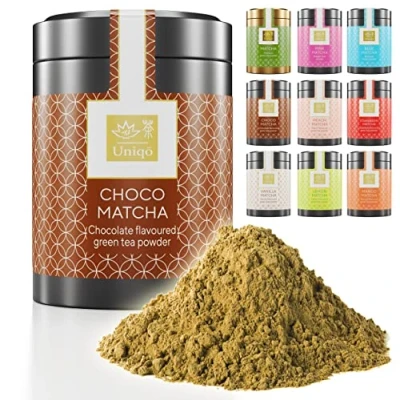 Afbeelding van Tea Uniqo Choco Matcha theepoeder, ideaal om te drinken, voor ijs, latte, shakes, bakken of koken, Japans groene theepoeder met chocoladesmaak, zonder kunstmatige kleurstoffen, in luxe doos
