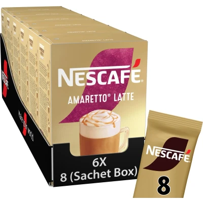 Afbeelding van Nescafé Gold Amaretto Latte oploskoffie 6 doosjes à 8 zakjes