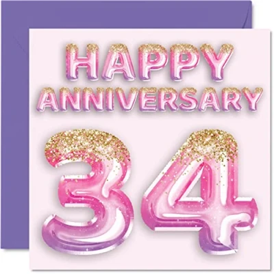 Afbeelding van Mooie 34e verjaardag kaart voor vrouw vriendin man vriend roze paarse glitter ballonnen gelukkige 34 jubileumkaarten van familie, 145mm x wenskaarten vierendertigste jubilea