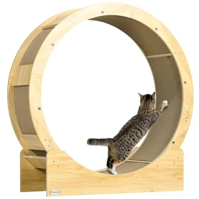 Afbeelding van PawHut Kattenloopfiets voor katten, 91 cm, met rem, krabplank, kattenwiel gezonde beweging, ontspanning, eiken