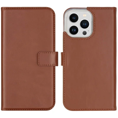 Afbeelding van Apple iPhone 14 Pro Max Hoesje Echt leder Selencia Bookcase Lichtbruin Telefoonhoesje
