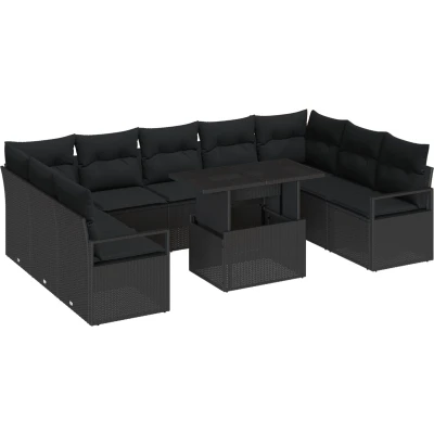 Afbeelding van vidaXL 10 delige tuinsofa set met kussens zwart poly rattan