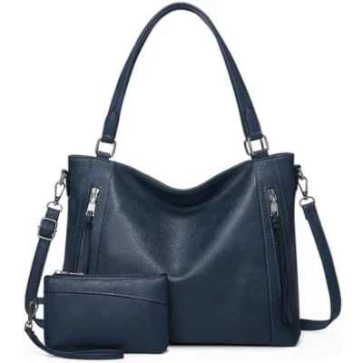 Afbeelding van Dames handtas lederen hengseltas vintage zachte schoudertas met portemonnee hobo damestas voor vrouwen set van 2 stuks, donkerblauw