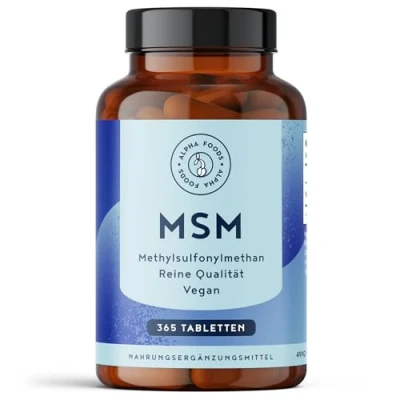Afbeelding van Alpha Foods MSM 2000 mg met vitamine C 365 tabletten methylsulfonylmethaan Compacter poeder dan capsules Hoge dosering, veganistisch en laboratorium getest in Duitsland