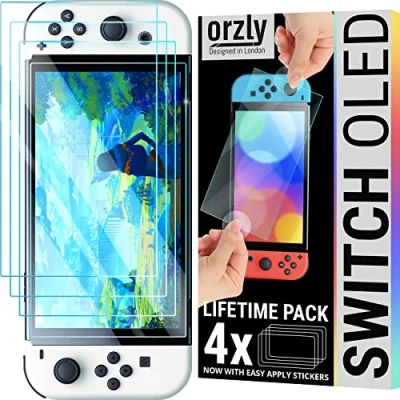 Afbeelding van Orzly bundel met schermbeschermers voor Nintendo switch OLED console 2024 model 4 pack gehard glas accessoires eenvoudige installatie Levenslange editie