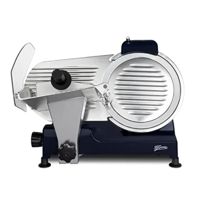 Afbeelding van H.Koenig MSX256 Elektrische hamsnijder, vleesworst, worst, professioneel, nauwkeurig, snijdikte 0 12 mm, Italiaans lemmet 25 cm, geïntegreerde messenslijper, grote plaat, 282 rpm, blauw