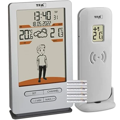 Afbeelding van TFA Dostmann Weerstation Weather Jack, 35.1166.54, buiten en binnentemperatuur, weersvoorspelling, met kledingvoorstellen, radioklok, zilver, 146 x 82 27 (47) mm, batterijen