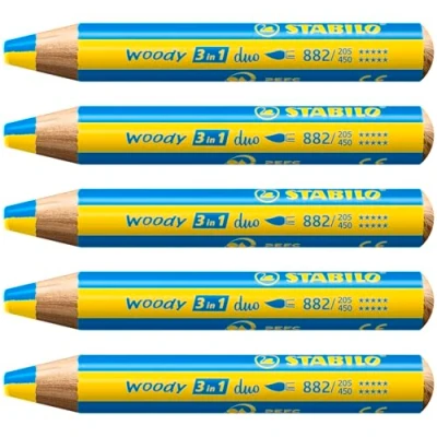 Afbeelding van duo kleurpotlood, aquarelpotlood en waskrijt in één STABILO woody 3 1 Tweekleurige kern Geel/Cyaanblauw