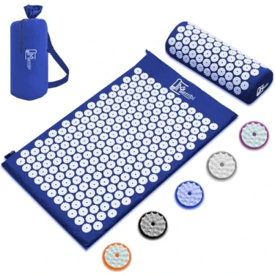 Afbeelding van acupressuurmat en acupressuurkussen voor massage pijnverlichting, acupressuurset ontspanning, stimulatie meditatie, (blauw)