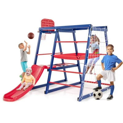Afbeelding van COSTWAY Klimrek voor buiten, 7 in 1 speelplaats met glijbaan, klimladder, breiladder, voetbalnet, basketbalmand, stoffen platform en kunststof platform, 3 4 kinderen, 150 x 142 146 cm