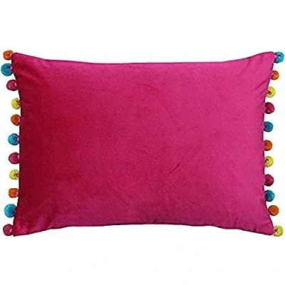 Afbeelding van Riva Paoletti Fiesta rechthoekige kussenhoes veelkleurige pompon randen zachte fluwelen stof omkeerbaar ritssluiting 100% polyester 35 x 50 cm (14&quot; 20&quot; inch), polyester, felroze/multi,