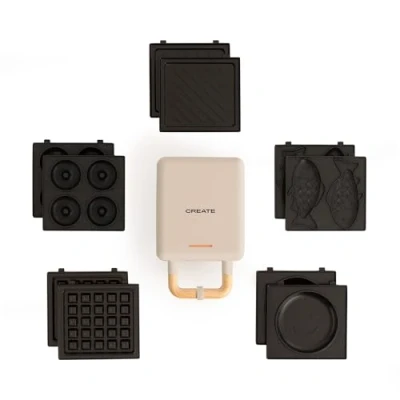 Afbeelding van CREATE Stone Studio Tosti ijzer en wafelijzer met enkel zand/5 verwisselbare platen: sandwichgrill, wafel, taiyaki, pannenkoeken donuts, anti aanbaklaag, opening 100 graden, automatische