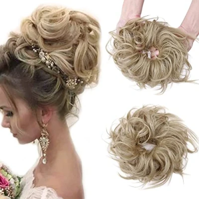 Afbeelding van Haarverlenging met clips, echt haar, rommelig, shaggy haarstukje, scrunchies, haarverlenging, golvend, elastisch, scrunchie chignon, paardenstaart, asblond