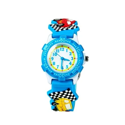Afbeelding van ele ELEOPTION Meisje Digitale Quartz Waterdichte 3D Leuke Cartoon Ronde Wijzerplaat Polshorloge met Siliconen Band, Auto, Blauw, riem