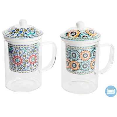 Afbeelding van Kop met theefilter DKD Home Decor Multicolour Oranje Tegel Arabisch 300 ml (2 Stuks)