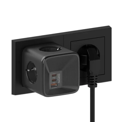 Afbeelding van OUFUYU stekkerdoos, kubus, USB 30 W, meervoudig stopcontact met 4 AC stopcontacten, 4000 W snellader, 2 C 1 A, 7 in meervoudige stekker voor kantoor, thuis, reizen, zwart