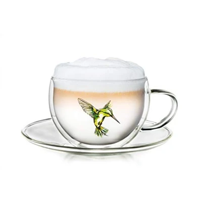 Afbeelding van Creano Thermo kop dubbelwandige thee/latte macchiato cappuccino kolibrie met schotel 250 ml, groen
