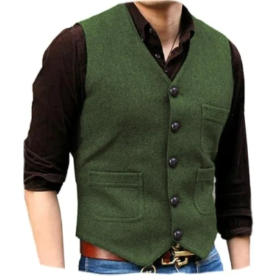 Afbeelding van Solovedress Vintage klassieke wollen kostuumvest voor heren, formeel, regular fit, gilet bruiloft, gilet, groen, 3XL