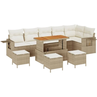 Afbeelding van vidaXL 10 delige Tuin Sofa Set met Kussens Beige Poly Rattan Acacia, 4 Eet Acacia