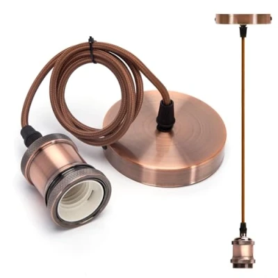 Afbeelding van Aigostar E27 lamphouder van metaal met 1,0 m kabel, vintage retro lampfitting, E27, 2 x 0,75 mm², brons rood
