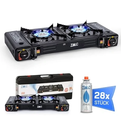 Afbeelding van ZMC Camping gasfornuis 2 pits met 28 gaspatronen 227 g, 2,5 KW incl. adapter voor LPG aansluiting + opbergkoffer campingkooktoestelset piëzo ontsteking, buiten en binnen