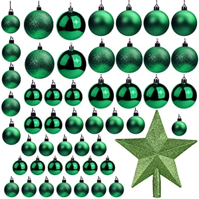 Afbeelding van Belle Vous 50 stuks kerstballen glinsterend groene in verschillende maten met sterboomtop kerstboombal hangende ornamenten voor kerstdecoraties, vakantiefeest, binnen en