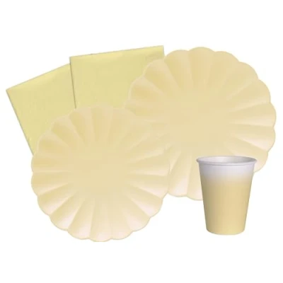 Afbeelding van Party Tableware Set Flower Shape for 24 people (112 pcs: plates Ø23cm, Ø18cm, cups 200ml, 40 napkins 33x33cm) in eco friendly compostable paper, pastel yellow