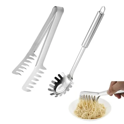 Afbeelding van JOYOLA 2 stuks spaghetti serverset, tang voor van staal, tang, spaghettilepel, pasta server, vork het bakken pasta, spaghetti, salades
