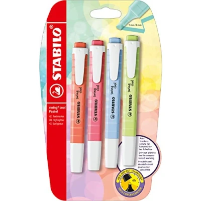 Afbeelding van STABILO B 55955 10 Tekstmarkeerstift swing cool pastel 4 stuks verpakking snufje limoen, kersenbloesem roze, baby blauw, koraal rood