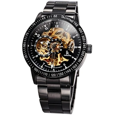 Afbeelding van Alienwork IK Automatisch Horloge Heren Dames Zwart Metalen Armband Skelet Glasbodem