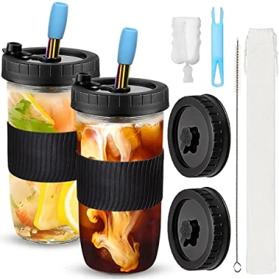 Afbeelding van Bubble Tea Bekers, 730 ml, set van 2 bekers met rietje, herbruikbare Boba beker, drinkglas deksel en rietje voor milkshakes, sappen, smoothies, bier (zwart